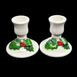 vintage Lillian Vernon Christmas Holly Berries Ceramic Candle Stick Holders